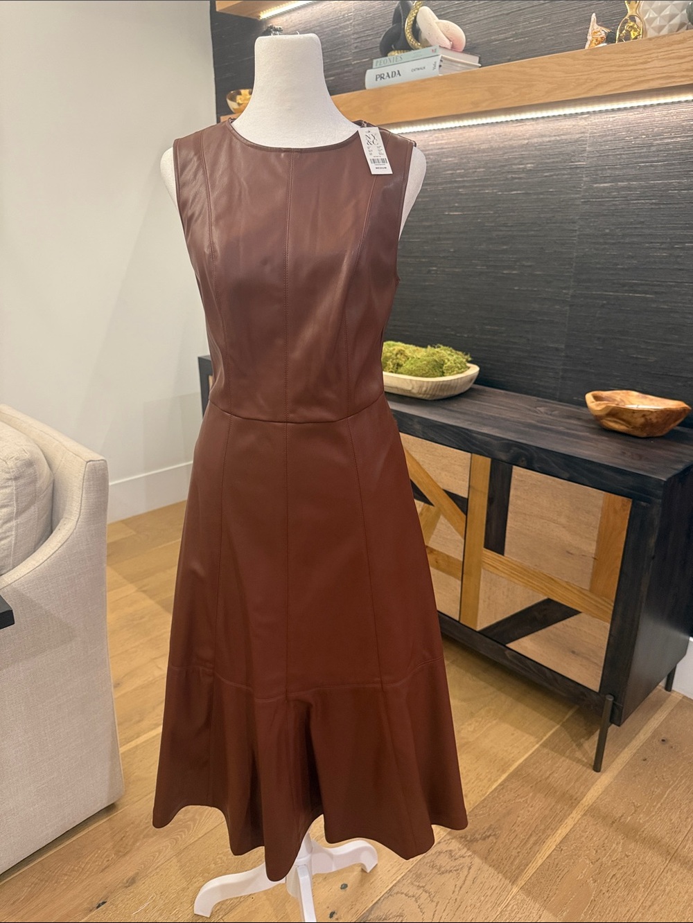 New York & Company Cognac Chocolate Brown Faux-Leather Sleeveless Midi Dress NEW